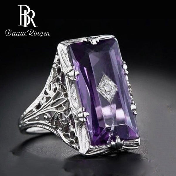 Bague Ringen Vintage Rectangle Amethyst Gemstone Ring 925 Sterling Silver