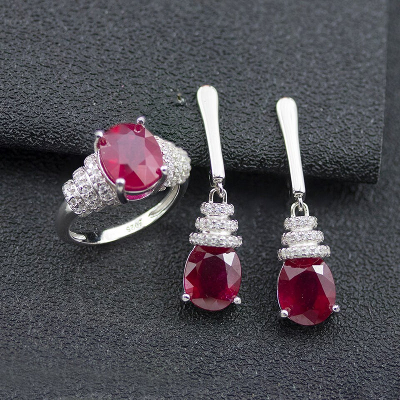 Anzogems Real 925 Sterling Silver African Red Ruby Earrings & Rng Jewelry Set