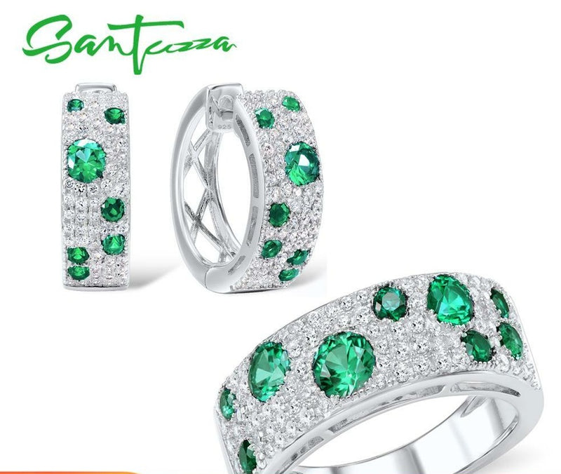 SANTUZZA Authentic 925 Sterling Silver Shimmering Wish Green CZ Earrings & Ring Jewelry Set