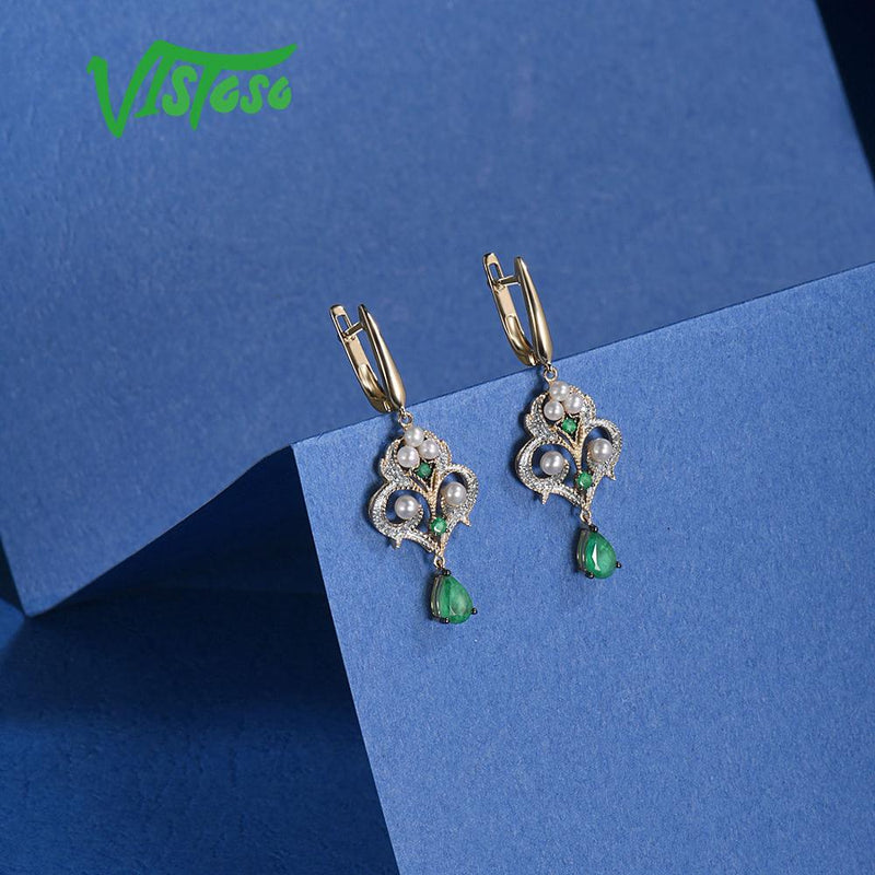 14K Yellow Gold Emerald and Freshwater Pearl Diamond Earrings for Women