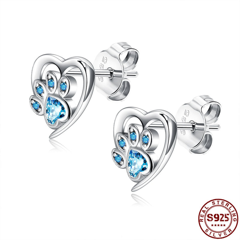 SILVERHOO Genuine Sterling Silver 925 Jewelry Animal Paw Cute Earrings For Women Heart Shape Blue CZ Cubic Zirconia Stud Earring