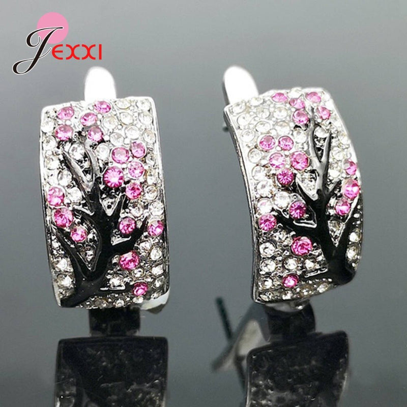 Ethnic 925 Sterling Silver Cubic Zirconia Tree Hoop Earrings