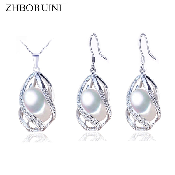 ZHBORUINI Pearl Jewelry Set 925 Sterling Silver Jewelry Natural Freshwater Pearl Beads Cage Necklace Earring Set For Women Gift