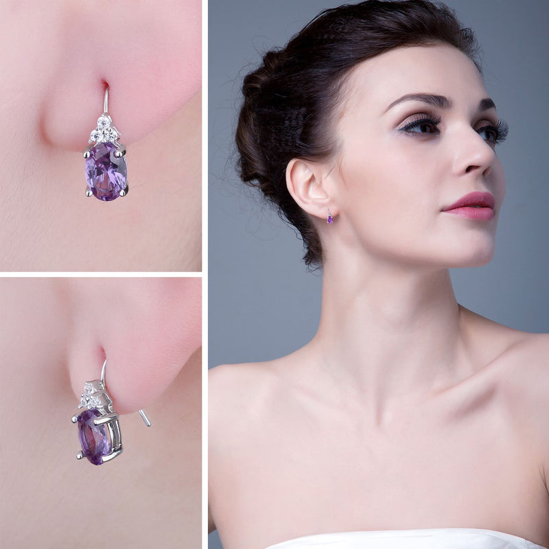 925 Sterling Silver Oval Purple Created Alexandrite Sapphires Clip-On Drop Earrings for Women