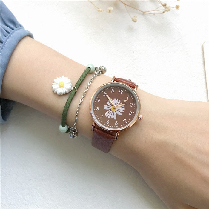 Cute Flower Dial Design Leather Quartz Watch Women