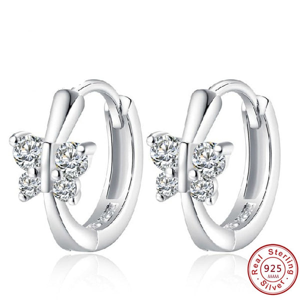 Cute solid 925 Sterling Silver white CZ Butterfly Stud Earrings For Women Child Girls Kids Bridal Wedding Jewellery