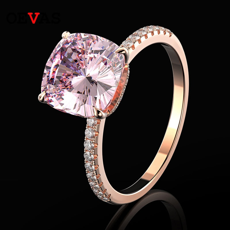 OEVAS 925 Sterling Silver Wedding Rings For Women Sparkling 10*10mm Pink High Carbon Diamond Sparkling Party Fine Jewelry