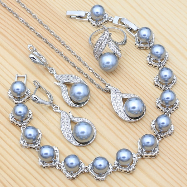 Silver Crystal Encrusted Pearl Jewelry Set for Women