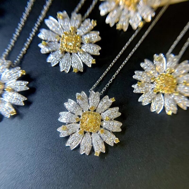 18K White Gold 1. [Real Yellow Diamond Flower Daisy Necklace] For Women