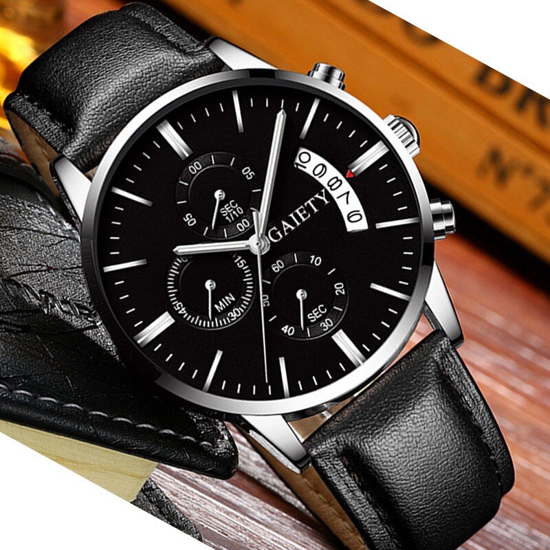 Fashion Stainless Steel Case Leather Band Quartz Watch