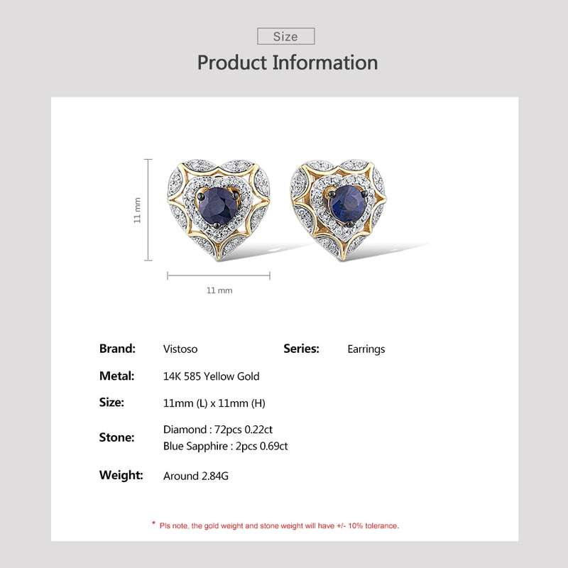 14K Yellow Gold Blue Sapphire Diamond Heart Stud Earrings for Women