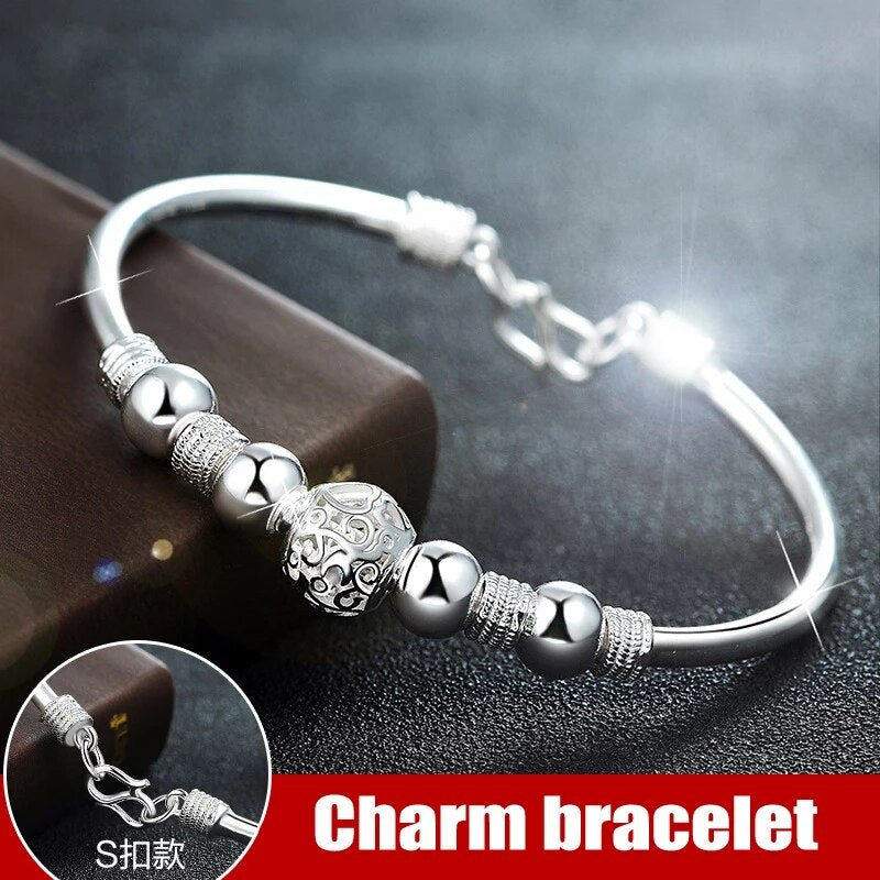 925 Sterling Silver Round Beads Charm Cuff Bracelets&Bangle For Women Elegant Adjustable Chain Wedding Jewelry sl096