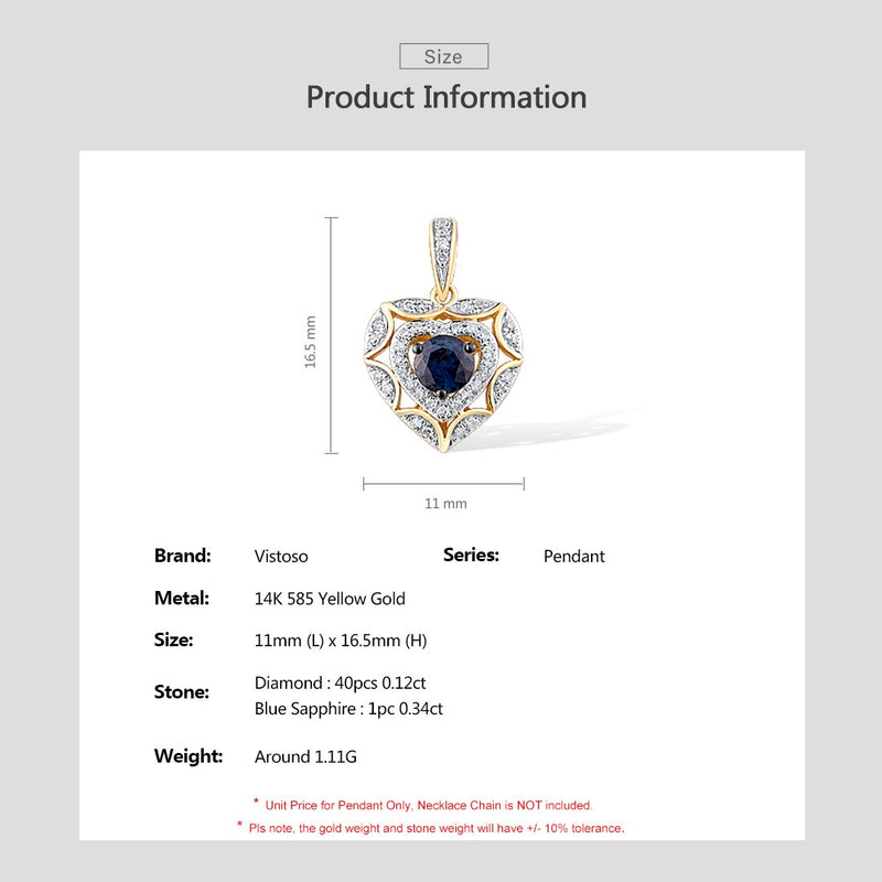 14K Yellow Gold Heart Pendant with Diamond Blue Sapphire for Woman