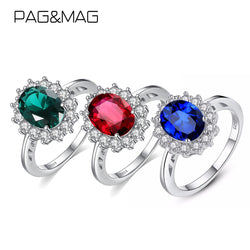PAG&MAG 925 Sterling Silver Rings Princess Diana Simulated Emerald Ring for Women Engagement Ring Silver 925 Gemstones Jewelry