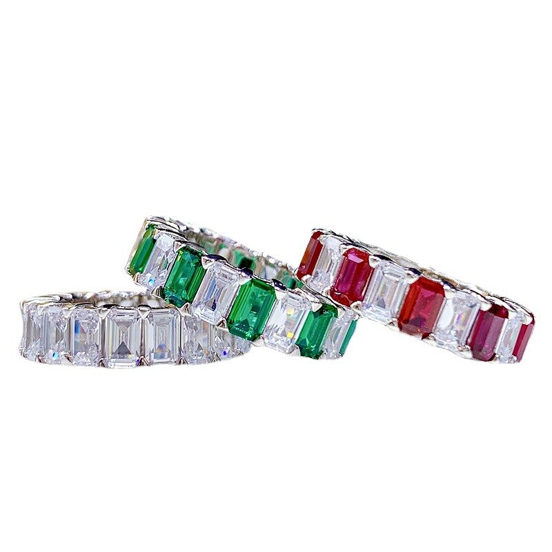 925 Sterling Silver Ruby Emerald Diamond Eternity Band Ring for Women