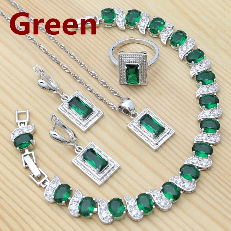 Sterling Silver Blue Cubic Zirconia Square Earrings Pendant Necklace Chain Open Ring Bracelet Set for Women