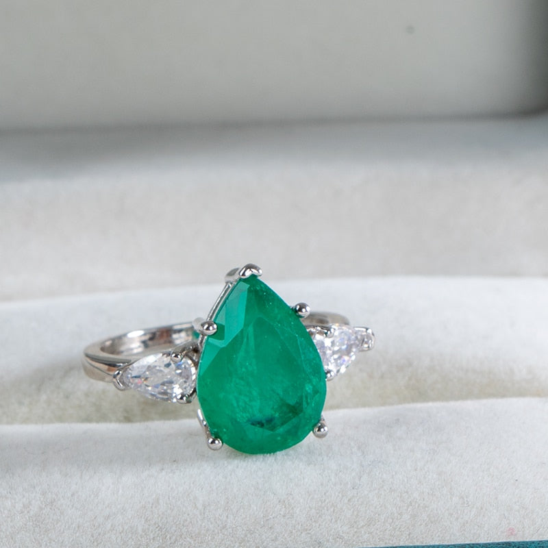 Sterling Silver Water Drop Emerald Ring for Women