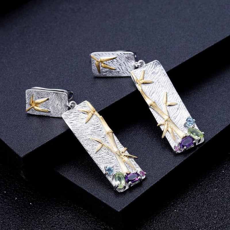 GEMS BALLET 925 Sterling Silver Natural Topaz Amethyst Peridot Handmade Ring Earrings & Pendant Jewelry Set