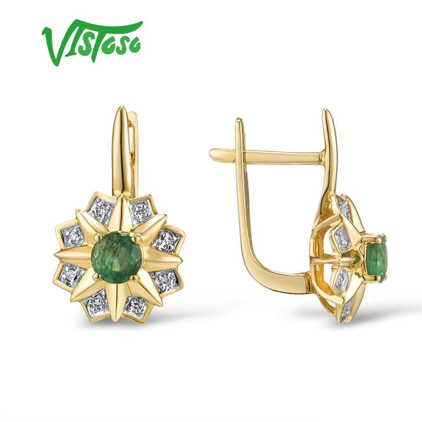 14K Yellow Gold Emerald and Diamond Dangling Earrings for Women