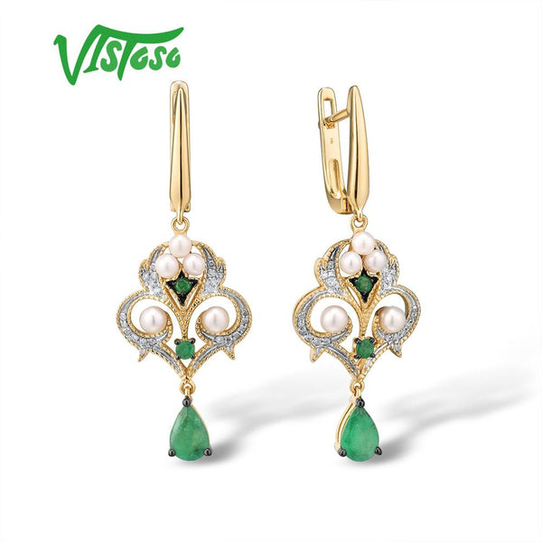 14K Yellow Gold Emerald and Freshwater Pearl Diamond Earrings for Women