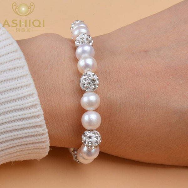 ASHIQI Genuine Natural Freshwater Pearls Bracelet with White Zircon Ball