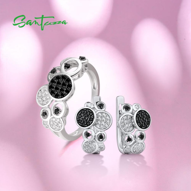SANTUZZA Pure 925 Sterling Silver Sparkling Black Spinel Ring & Earrings Jewelry Set
