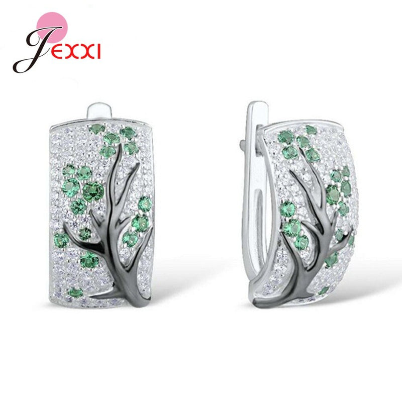 Ethnic 925 Sterling Silver Cubic Zirconia Tree Hoop Earrings