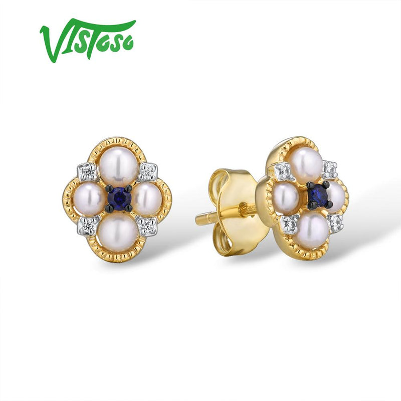 14K Yellow Gold Blue Sapphire & Freshwater Pearl Diamond Earrings for Women