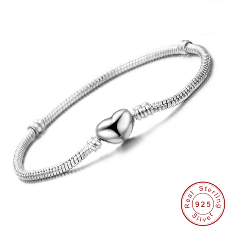 Original 925 Sterling Silver Snake Chain Secure Heart Clasp Bead Charm Bracelet