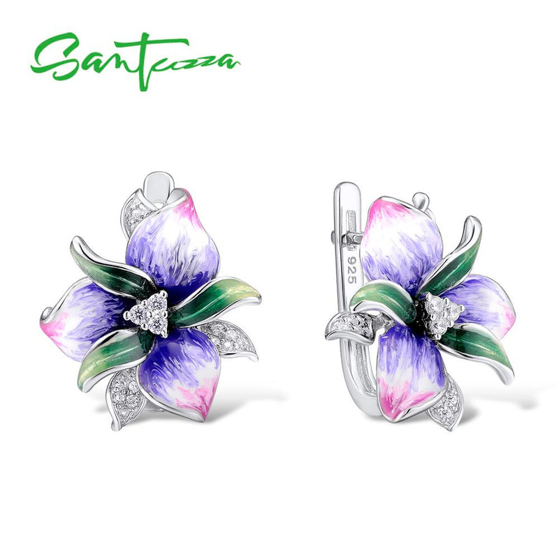 SANTUZZA 925 Sterling Silver Elegant Handmade Pink Purple Flower Earrings Pendant & Ring Jewelry Set