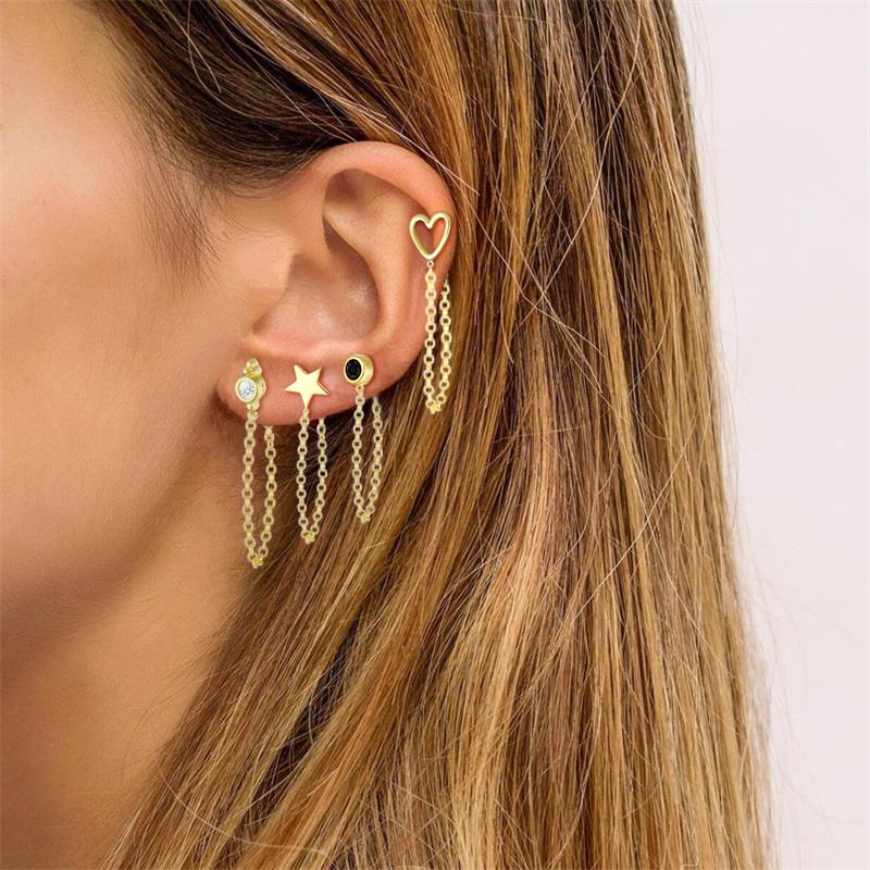 925 Sterling Silver Back Chain Hanging Stud Earrings