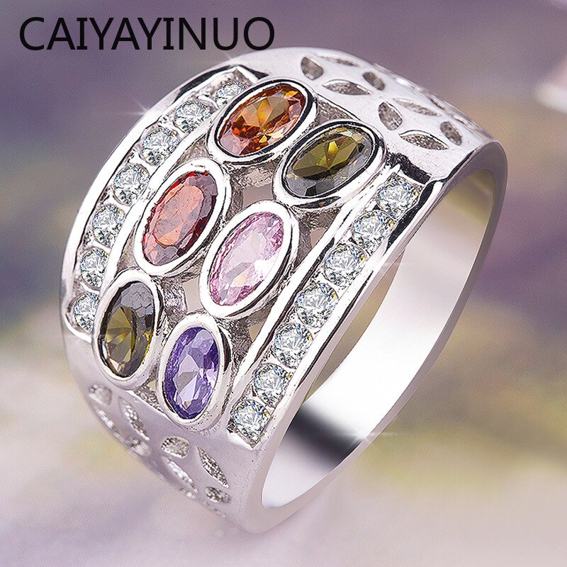 925 Sterling Silver Austrian Bohemian 6 Colour Rainbow Zircon Crystal Ring