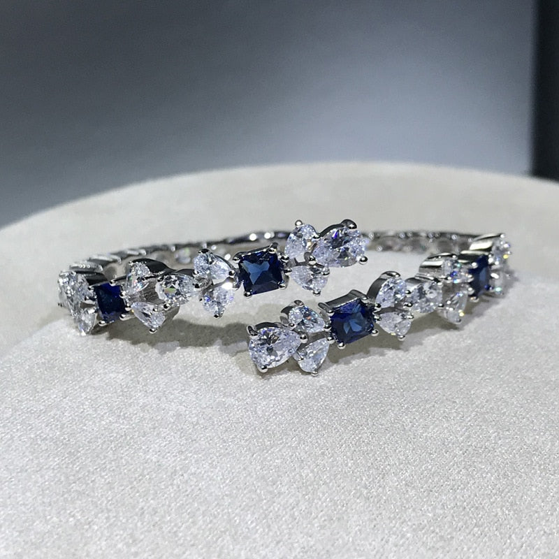 Jewepisode 100% 925 Sterling Silver Sapphire Created Moissanite Gemstone Charm Cuff Bracelet Bangles Luxury Fine Jewelry Gifts