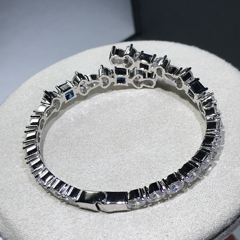 Jewepisode 100% 925 Sterling Silver Sapphire Created Moissanite Gemstone Charm Cuff Bracelet Bangles Luxury Fine Jewelry Gifts
