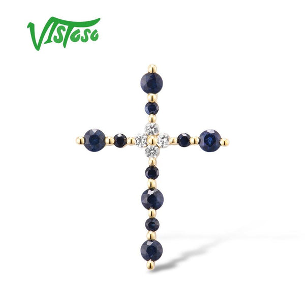 14K Yellow Gold Blue Sapphire White Sapphire Cross Pendant for Women