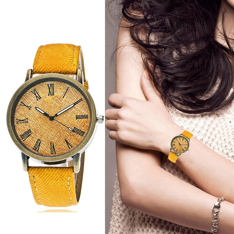 Fashion Women Quartz Watch Printed Fiber Dial Wrist Watches with PU Leather Strap TT@88