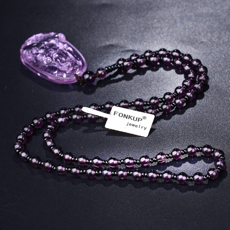Natural Amethyst Buddha-Guardian Pendant Bead Chain Necklace