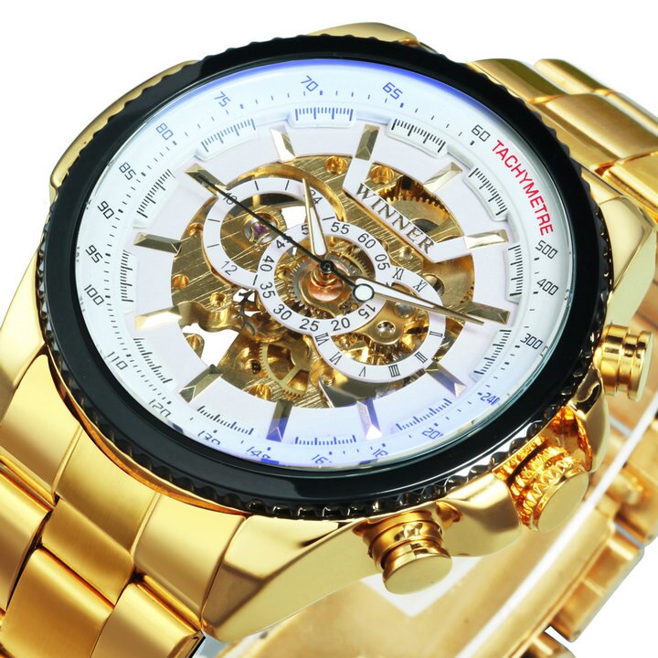 Silver-tone Stainless Steel Skeleton Automatic Watch for Men