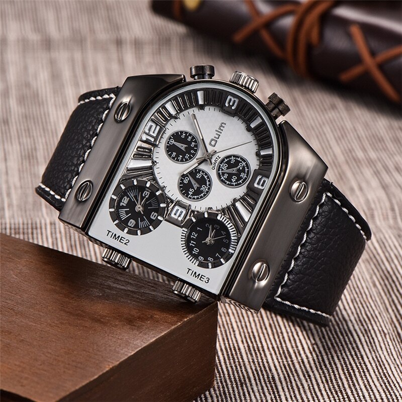 Leather Big Size Three Time Zone Outdoor Sports Watch for Men