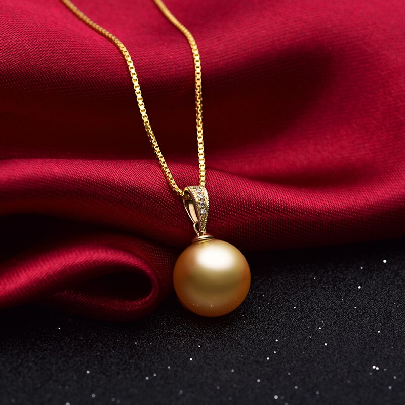 YS Luxury 18K Solid Gold Natural 9-11mm South Sea Pearl Diamonds Pendant Necklace