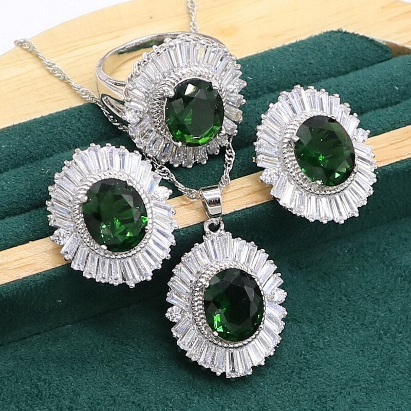 Sterling Silver 925 Green Emerald Jewelry Set for Women