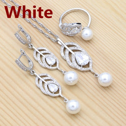 Silver Natural Green Cubic Zirconia White Pearl Jewelry Set for Women