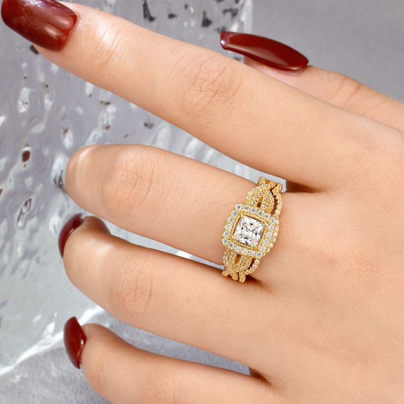 Wuziwen 2 Pcs Yellow Gold 925 Sterling Silver Engagement Rings For Women Brilliant Princess Cut High Grade CZ Wedding Jewelry