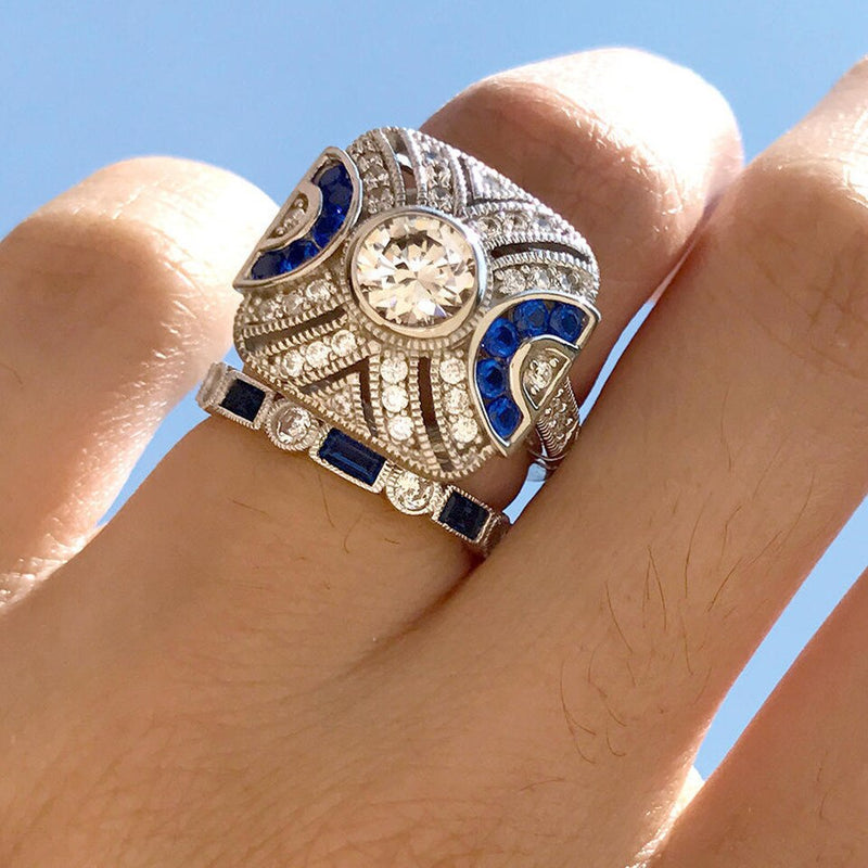 Sterling Silver Blue Stone Square Stripe Couple's Ring Set for Women