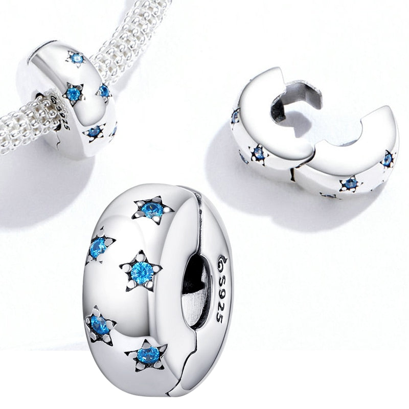 BISAER 925 Sterling Silver Blue Crystal Charm Beads Fit Original Charm Bracelets