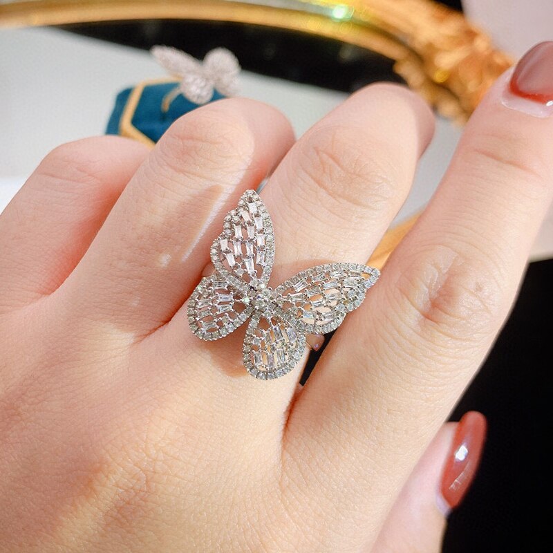 White Gold Sparkling Butterfly Diamond Ring for Women