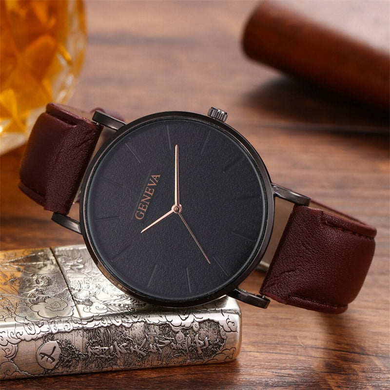 Mens Fashion Decorative Chronograph Leather Band Quartz Wristwatch