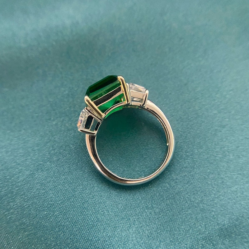 OEVAS Luxury Created Moissanite Emerald Gemstone Ring 925 Sterling Silver