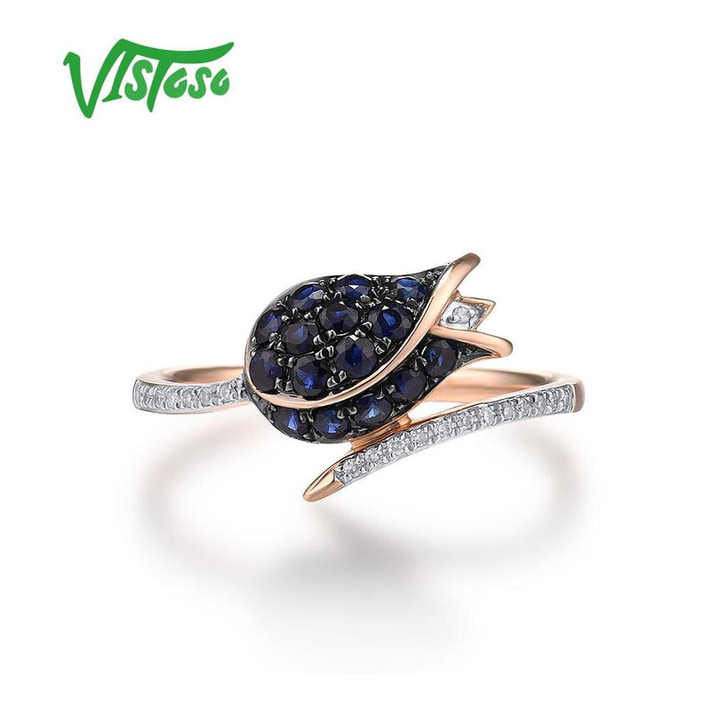 VISTOSO Pure 14K 585 Rose Gold Sparkling Blue Sapphire Diamond Tulip Earrings & Ring Jewelry Set