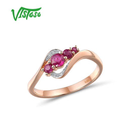 VISTOSO Genuine 14K 585 Rose Gold Sparkling Red Ruby Diamond Ring